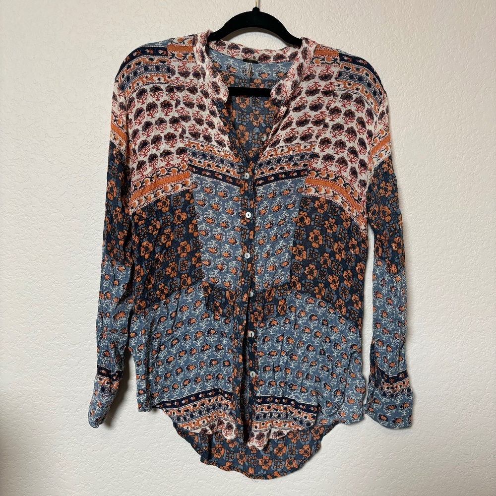 Free People Caravan Top Blue Multi Patchwork Lightweight Blouse Size S - Picture 1 of 5